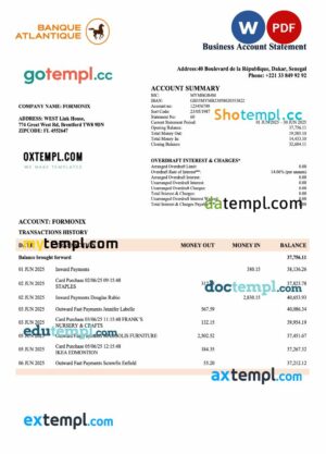 Senegal Banque Atlantique company checking account statement Word and PDF template