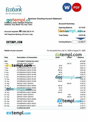 Senegal Ecobank enterprise account statement Word and PDF template