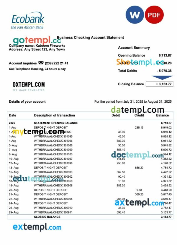 Senegal Ecobank enterprise account statement Word and PDF template