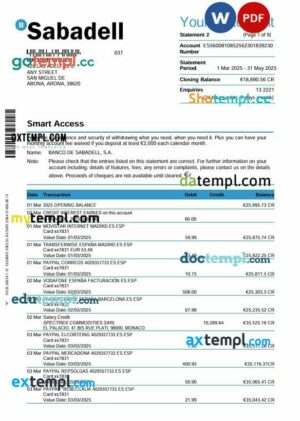 Spain Sabadell bank statement 3 month Word and PDF template, 9 pages