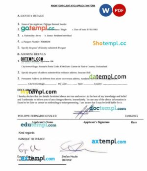 Switzerland Banque Heritage Know Your Client (KYC) Application Form in Word and PDF format