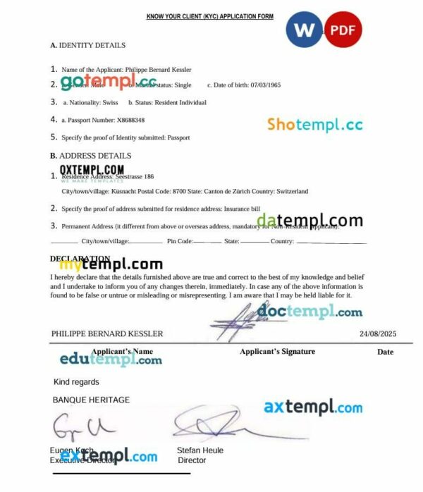 Switzerland Banque Heritage Know Your Client (KYC) Application Form in Word and PDF format