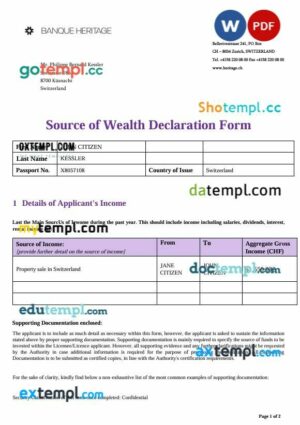 Switzerland Source of Wealth Declaration Heritage Bank in Word and PDF format