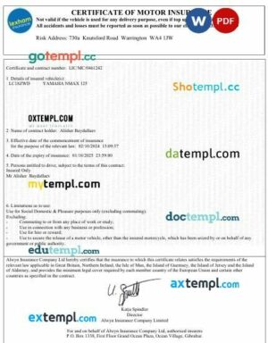 UK Lexham certificate of motor insurance Word and PDF template