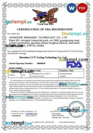 US FDA medical certificate in Word and PDF format