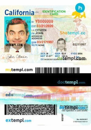 USA California ID card PSD template 2021-present