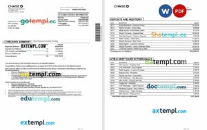 USA Chase bank business statement, Word and PDF format, 5 pages