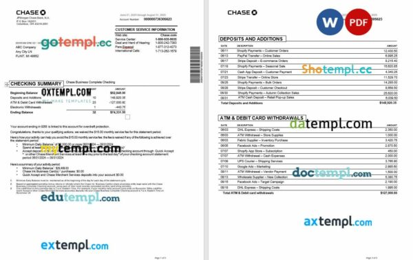 USA Chase bank business statement, Word and PDF format, 5 pages