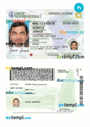 USA New Hampshire driving license PSD editable template, 2025-present