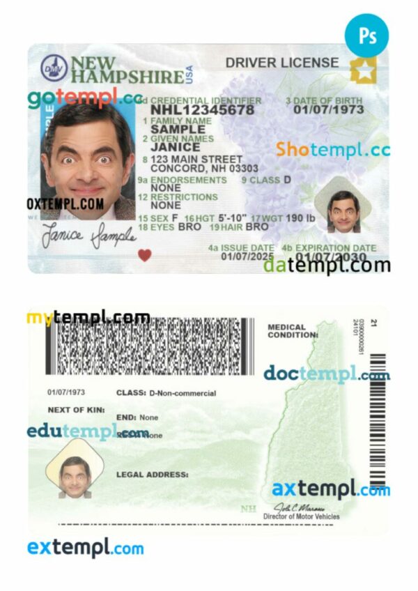USA New Hampshire driving license PSD editable template, 2025-present