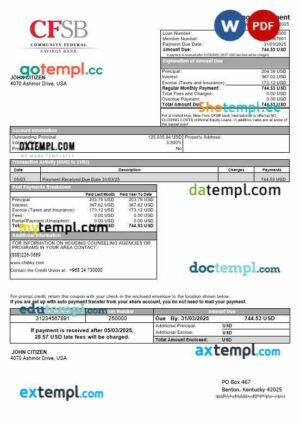 USA New York CFSB bank mortgage statement in Word and PDF formats