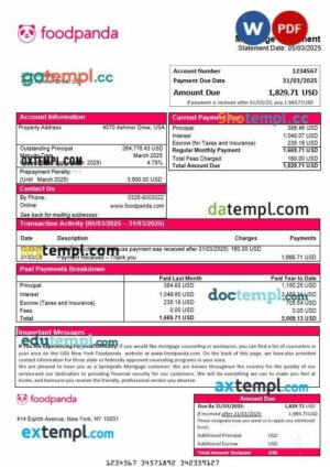 USA New York Foodpanda mortgage statement in Word and PDF formats