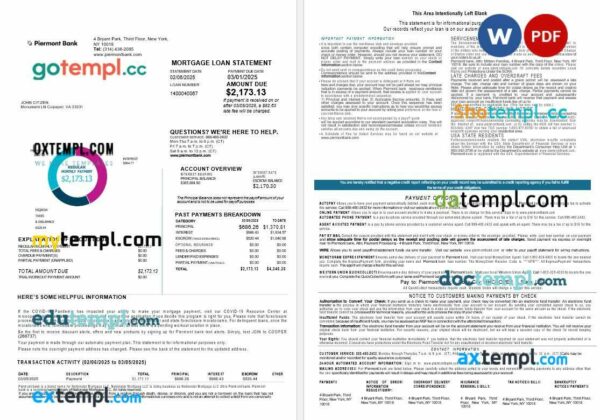 USA New York Piermont bank mortgage loan statement in Word and PDF formats, 4 pages