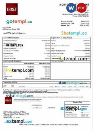 USA North Carolina BB&T Corp. bank mortgage statement in Word and PDF formats