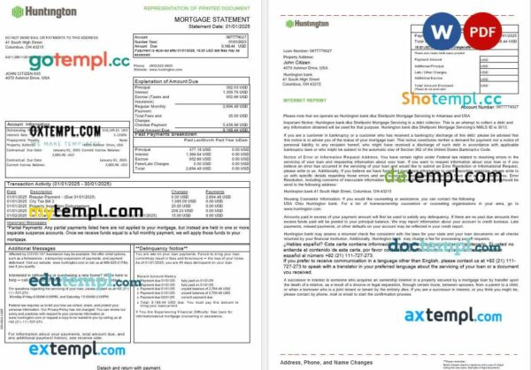 USA Ohio Huntington bank mortgage statement in Word and PDF formats, 3 pages