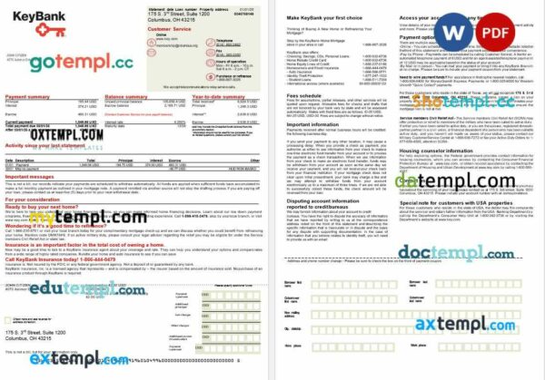 USA Ohio KeyBank bank mortgage statement in Word and PDF formats, 2 pages