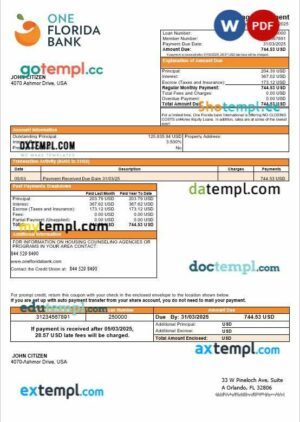 USA One Florida bank mortgage statement in Word and PDF formats