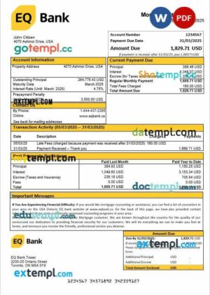 USA Ontario EQ bank mortgage statement in Word and PDF formats