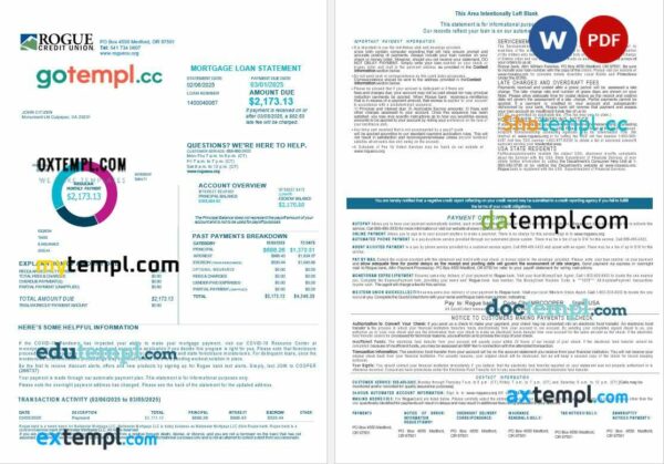 USA Oregon Rogue bank mortgage loan statement in Word and PDF formats, 4 pages