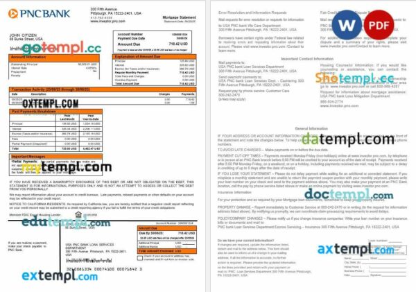USA PNC bank mortgage statement in Word and PDF formats