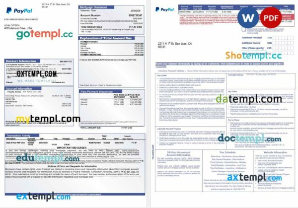 USA PayPal mortgage statement in Word and PDF formats, 3 pages