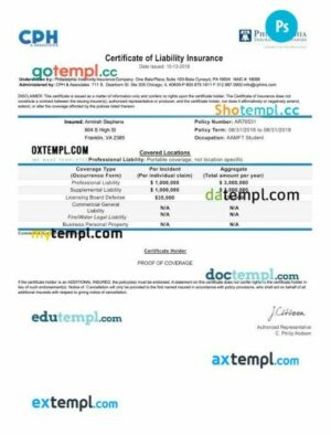 USA Pennsylvania Certificate of Liability Insurance template in PSD format