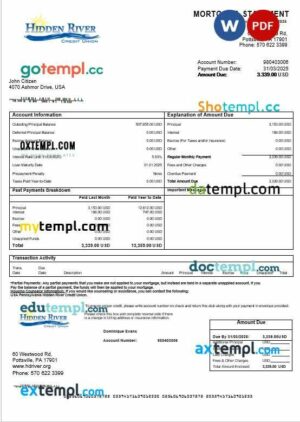USA Pennsylvania Hidden River Credit Union mortgage statement in Word and PDF formats