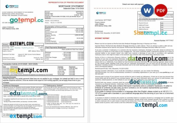 USA Pentagon Federal Credit Union mortgage statement in Word and PDF formats, 3 pages