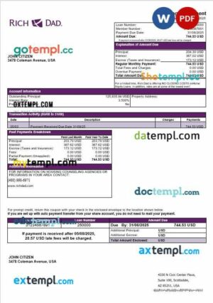 USA Rich Dad bank mortgage statement in Word and PDF formats