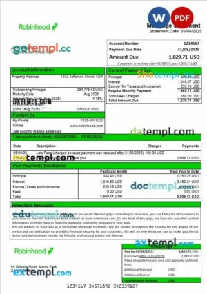 USA Robinhood bank mortgage statement in Word and PDF formats