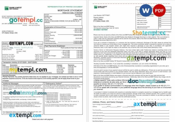 USA South Dakota Bank of the West BNP Paribas bank mortgage statement in Word and PDF formats, 3 pages