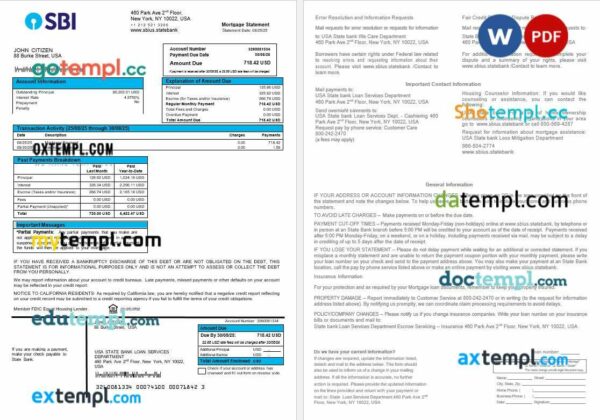 USA State Bank of Indian bank mortgage statement in Word and PDF formats