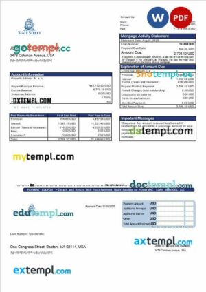 USA State Street Corporation bank mortgage statement in Word and PDF formats