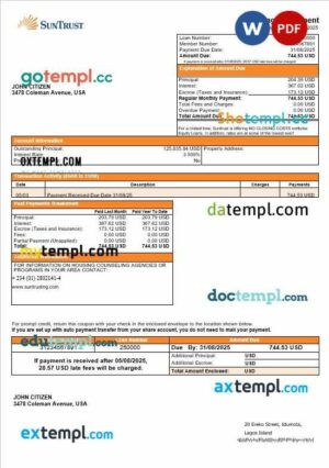 USA Suntrust bank mortgage statement in Word and PDF formats