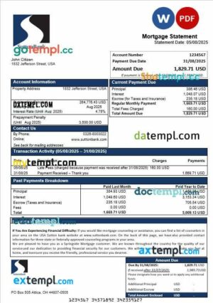 USA Sutton bank mortgage statement in Word and PDF formats