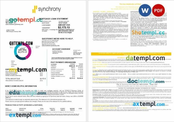 USA Synchrony Bank mortgage loan statement in Word and PDF formats, 4 pages