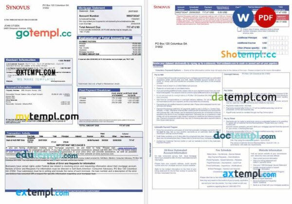 USA Synovus bank mortgage statement in Word and PDF formats, 3 pages