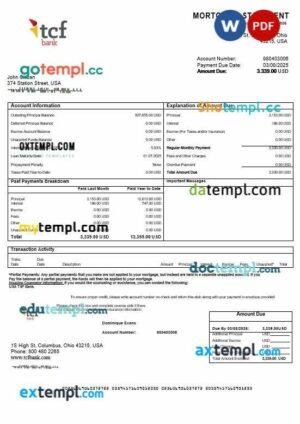 USA TCF Bank mortgage statement in Word and PDF formats