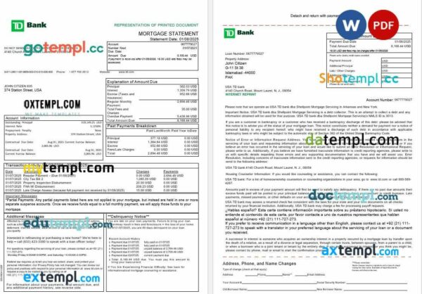 USA TD bank mortgage statement in Word and PDF formats, 3 pages
