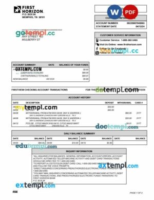 USA Tennessee First Horizon bank statement template in Word and PDF format