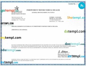USA Texas Independent Motor Vehicle Dealer template in PSD format