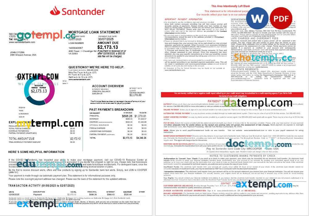 USA Santander Bank mortgage loan statement in Word and PDF formats, 4 pages