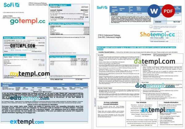 USA Sofi bank mortgage statement in Word and PDF formats, 3 pages