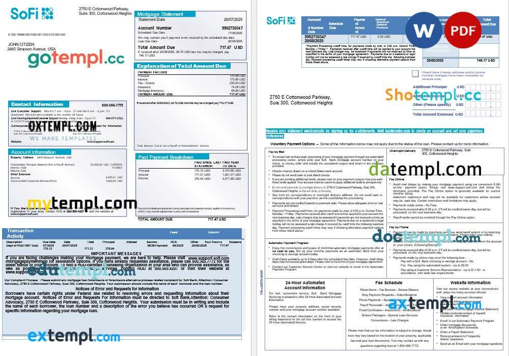 USA Sofi bank mortgage statement in Word and PDF formats, 3 pages