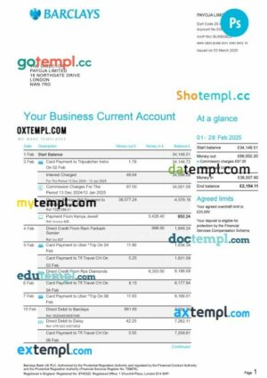 United Kingdom Barclays bank statement template in PSD format, 6 pages