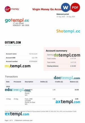 United Kingdom Virgin Money Go Account Bank Statement template in Word and PDF format