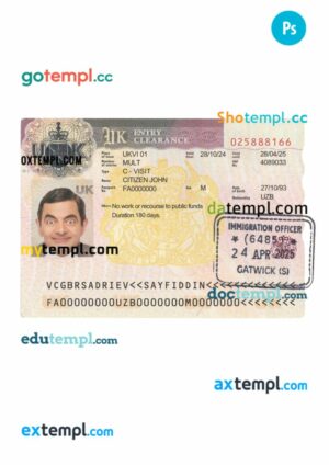 United Kingdom entry visa template in PSD format, 2024-present