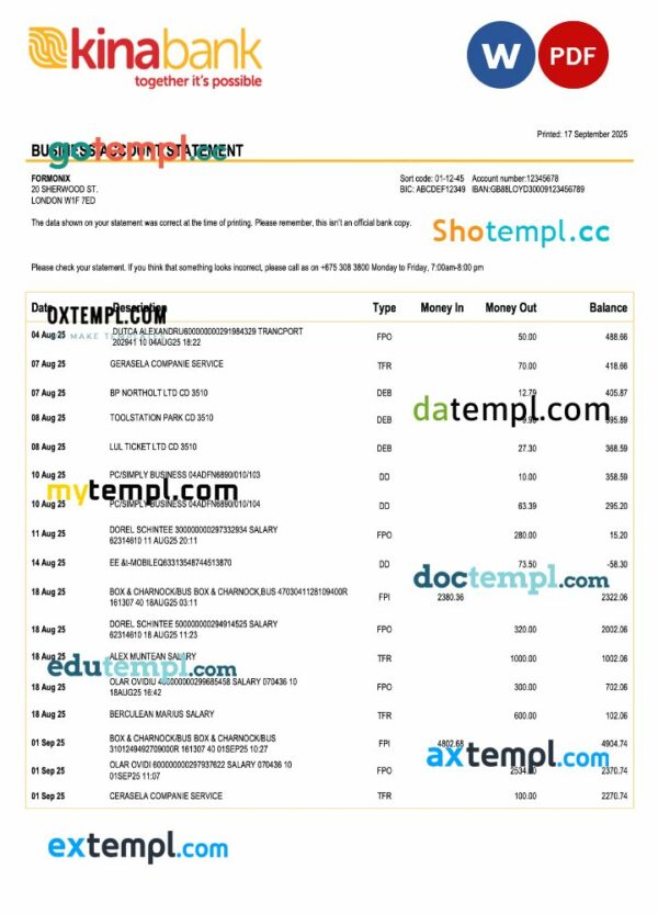 Papua New Guinea Kina Securities Limited bank corporate account statement Word and PDF template