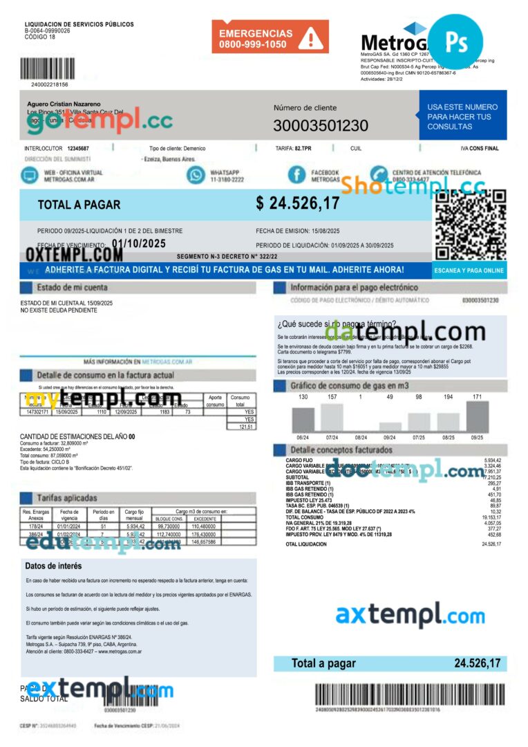 Argentina MetroGAS S.A. factura de gas utility bill template in PSD format
