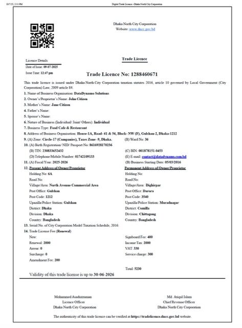Bangladesh Dhaka North City Corporation digital trade license Word and PDF template